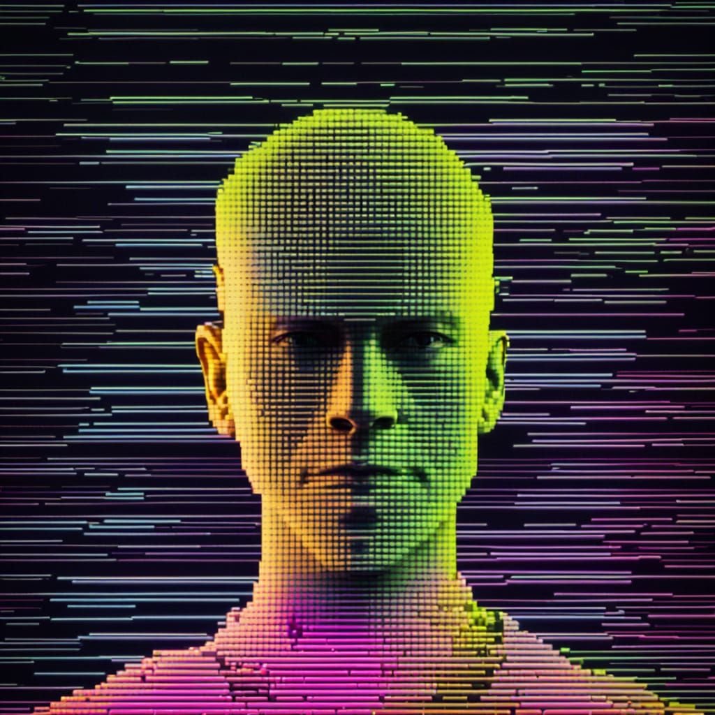 Neon Matrix Portrait in Glitch Code Style