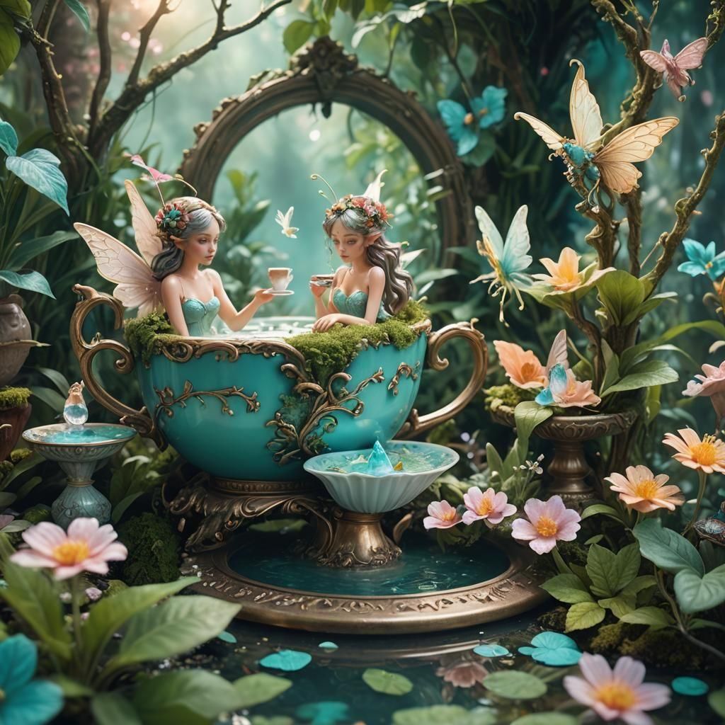 Fairies Relaxing in Teacup Spa: Detailed Matte Painting