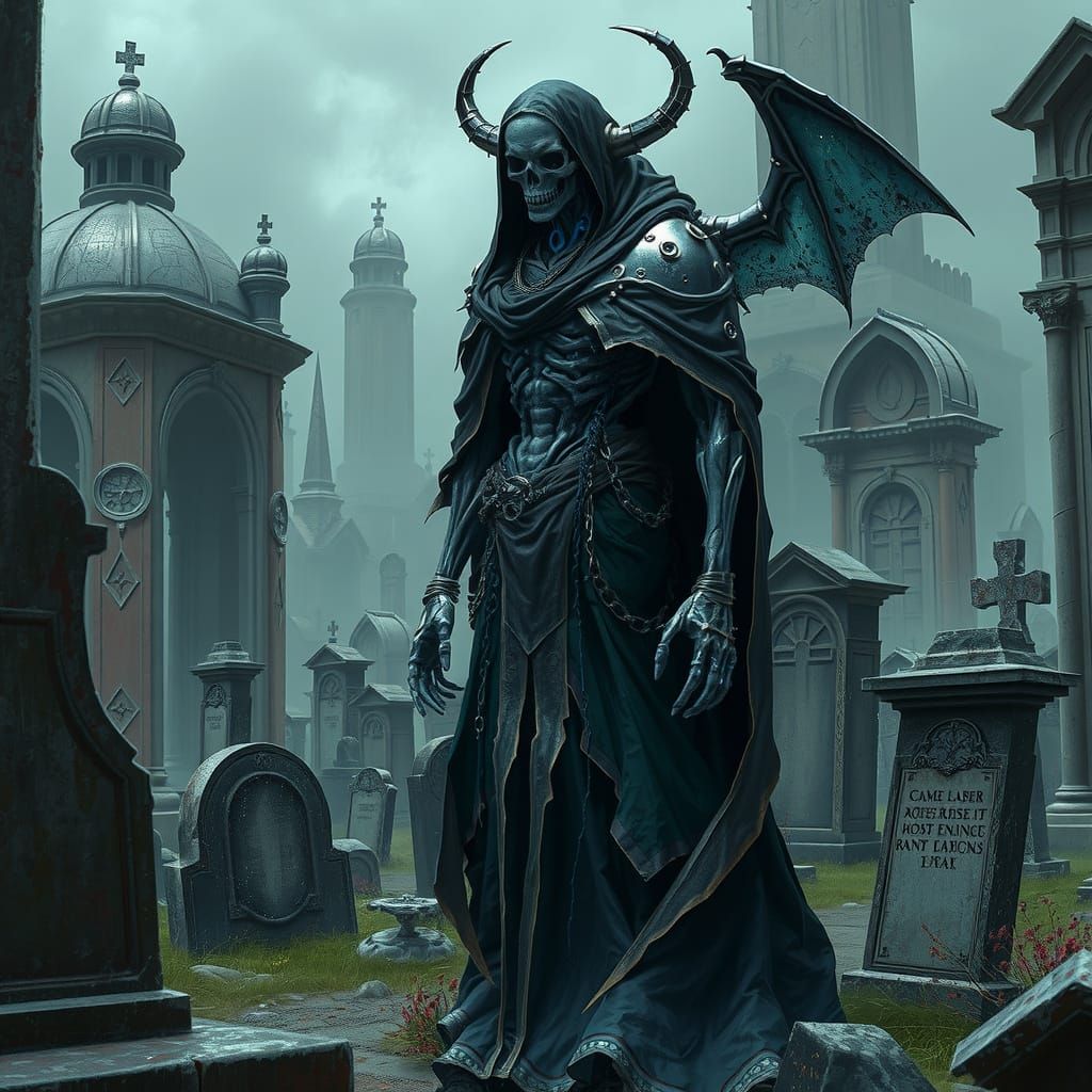 Cybernetic God of Death in Ancient Cemetery
