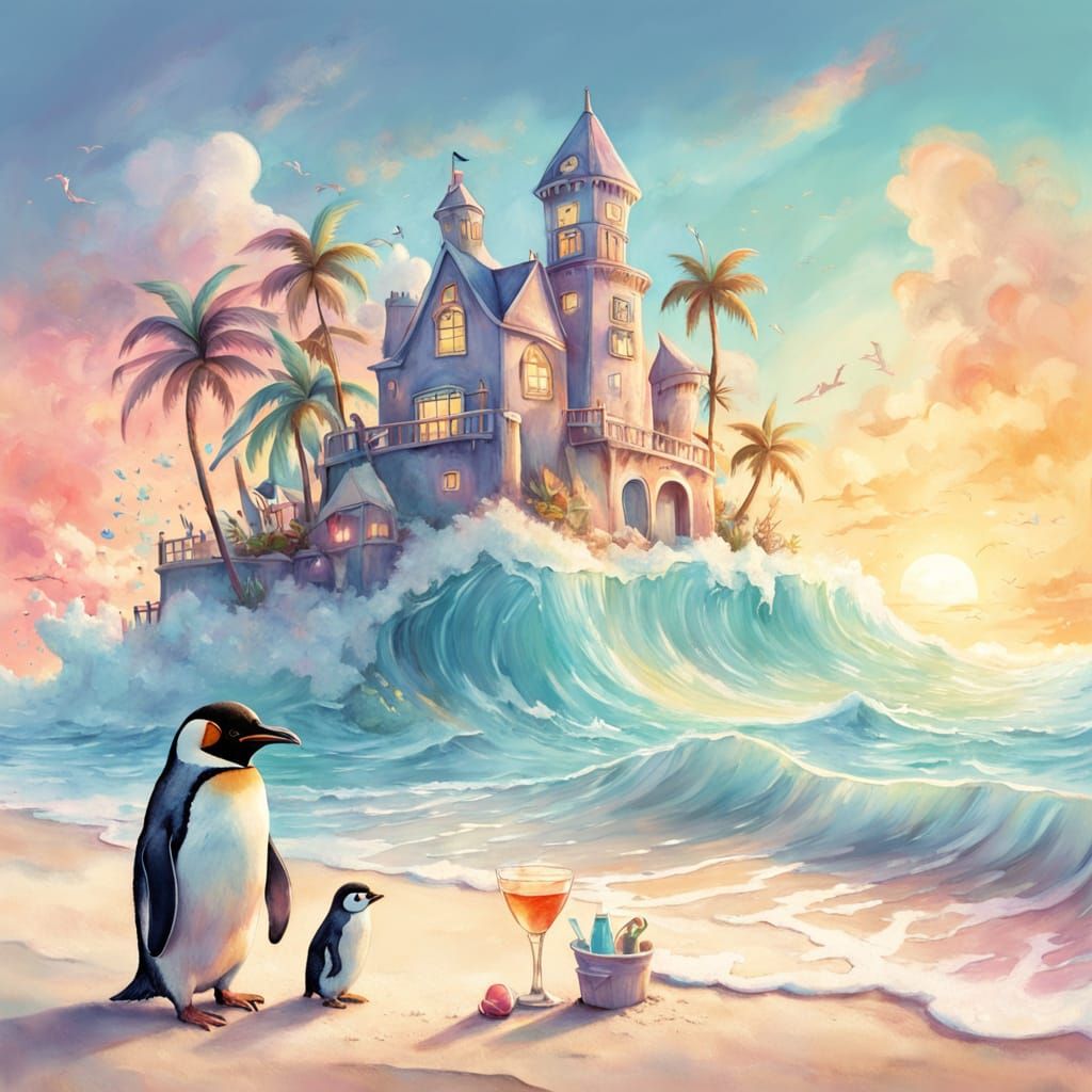 Penguins in Tiny Hats Enjoy Tropical Beach in Watercolor Sty...