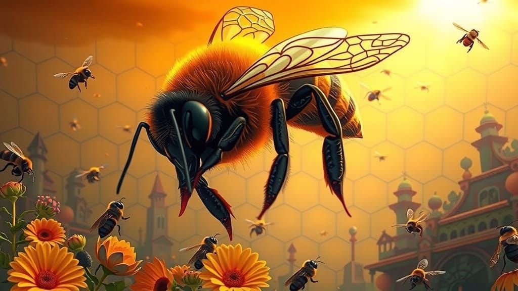 Whimsical Beehive Metropolis in Vibrant, Golden Light