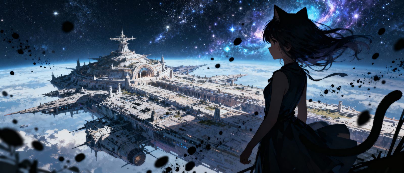 Fantasy Space Battleship with Cat Girl in Cosmic Scene