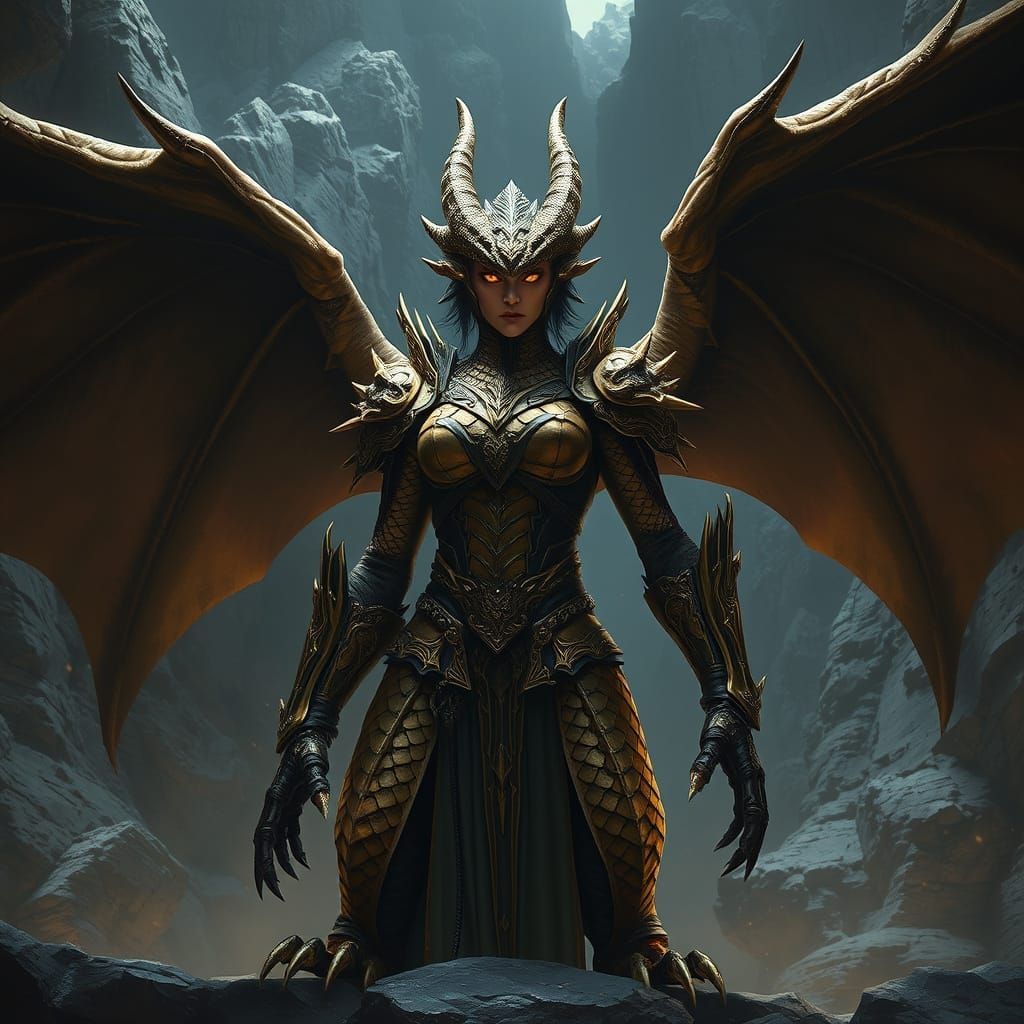 Elegant Dragon Warrior in Golden Armor, Ready for Flight