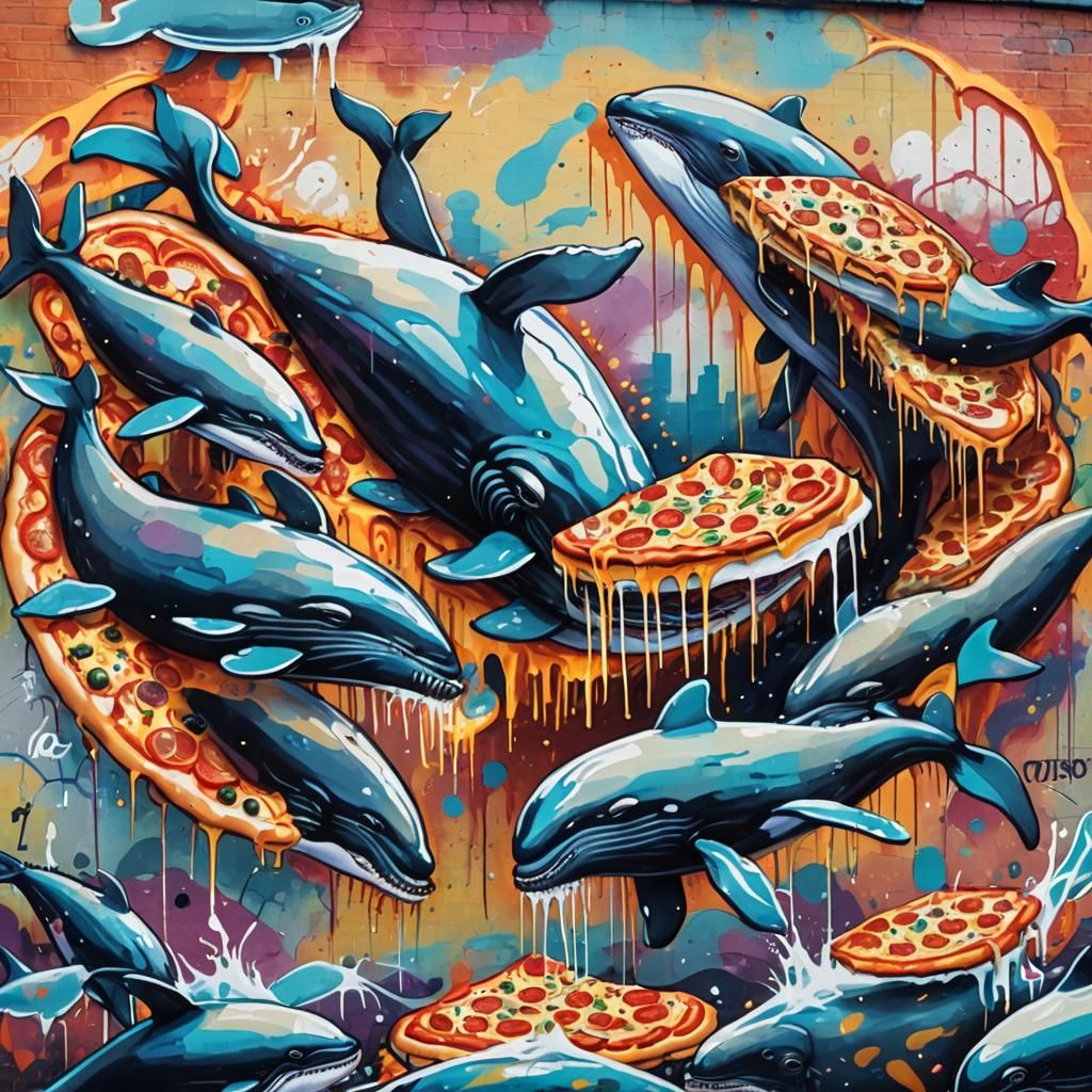 Whales Eating Pizza Graffiti Art on City Wall