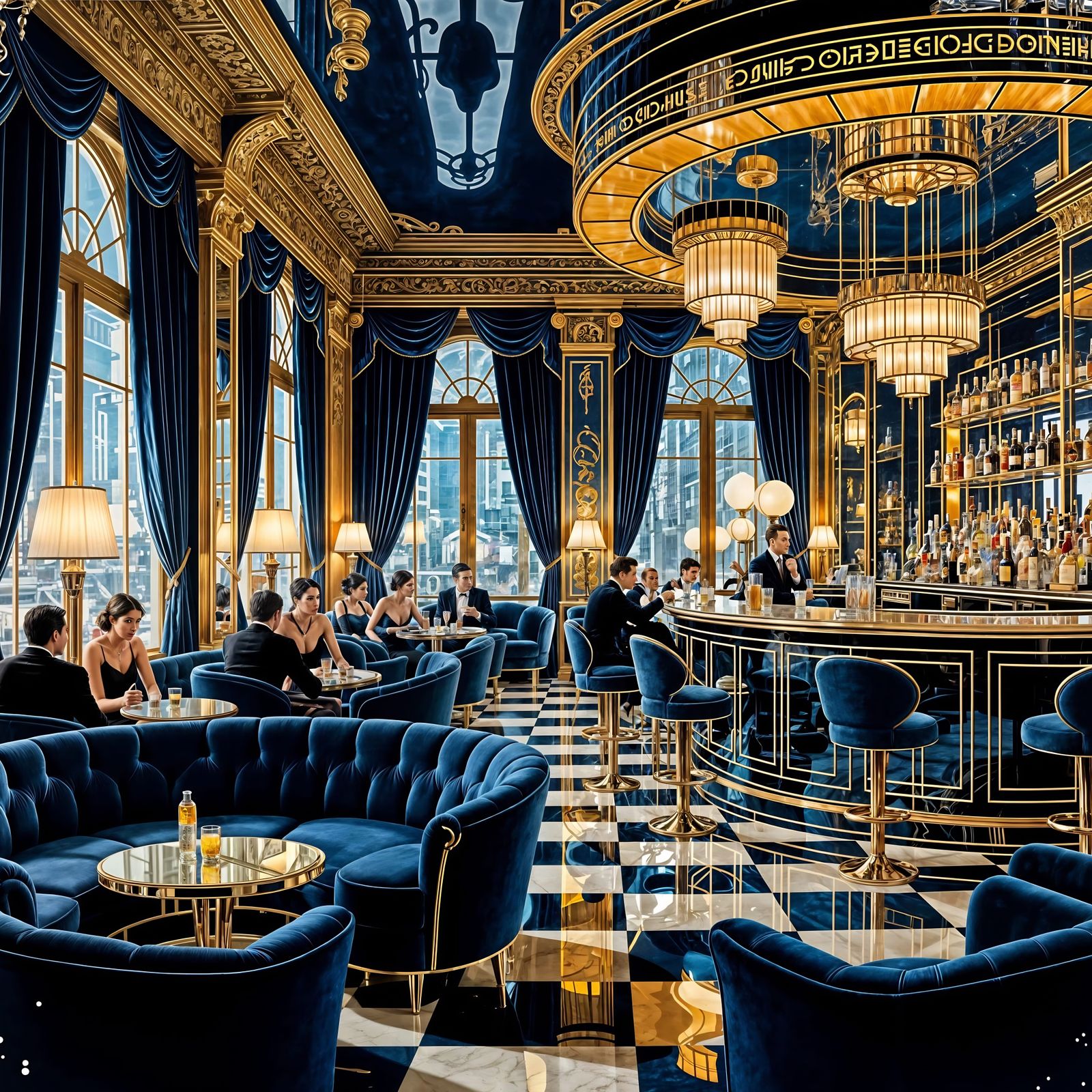 Retro Art Deco Lounge with Mirrored Bar