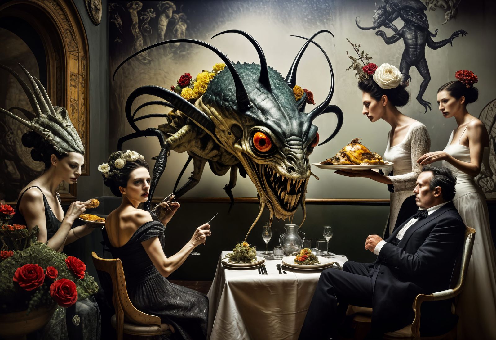 Surreal Restaurant with Bizarre Creatures: Michelangelo Styl...