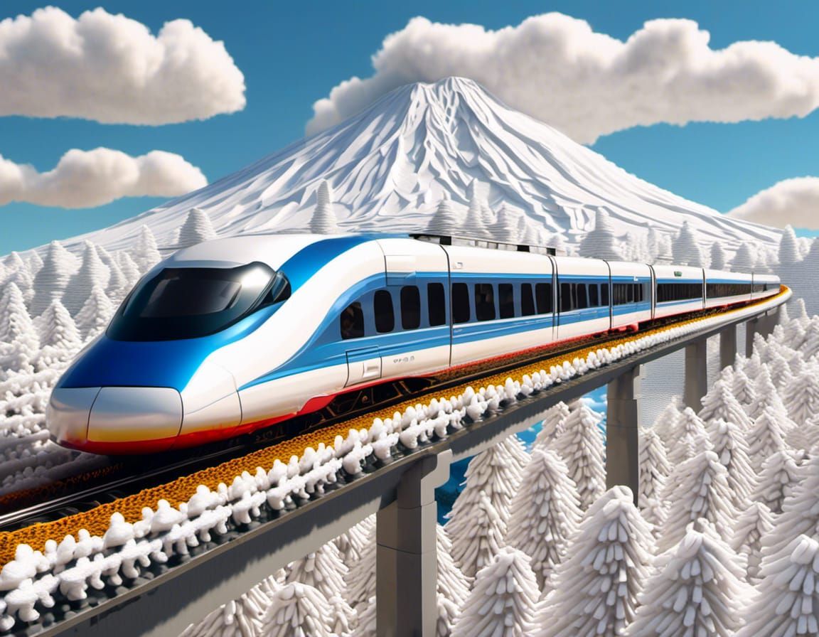 Hyperrealistic Crochet Bullet Train Speeding Through Japan