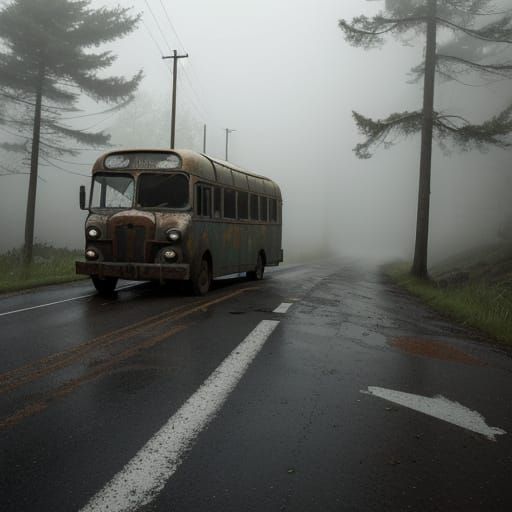 Moody Bus Climbs Fog-Shrouded Steep Hill