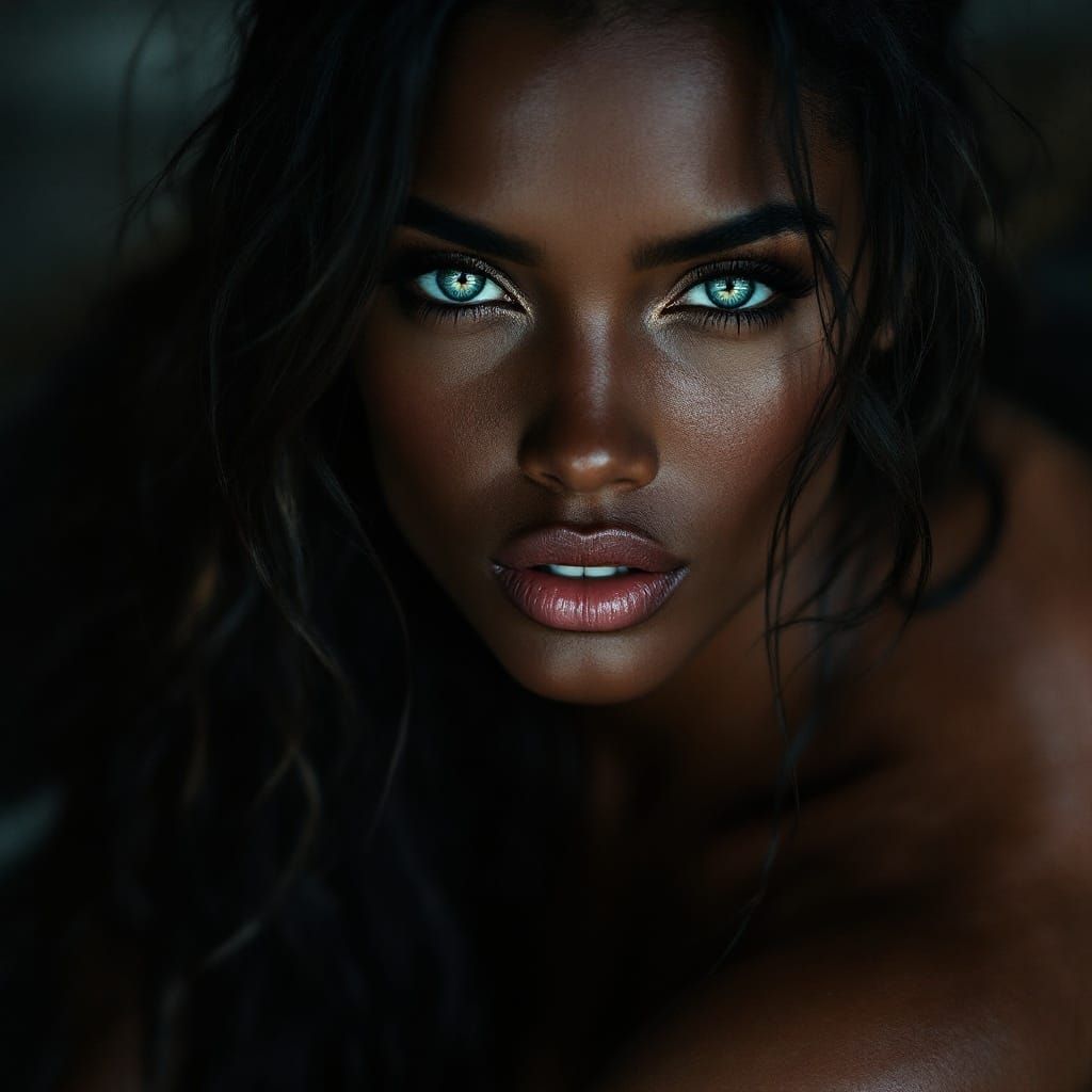 Beautiful Dark-Skinned Woman with Blue Eyes