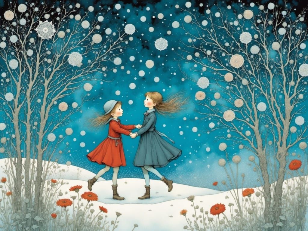 Intricate Snowflake Dance in Whimsical Watercolor Style