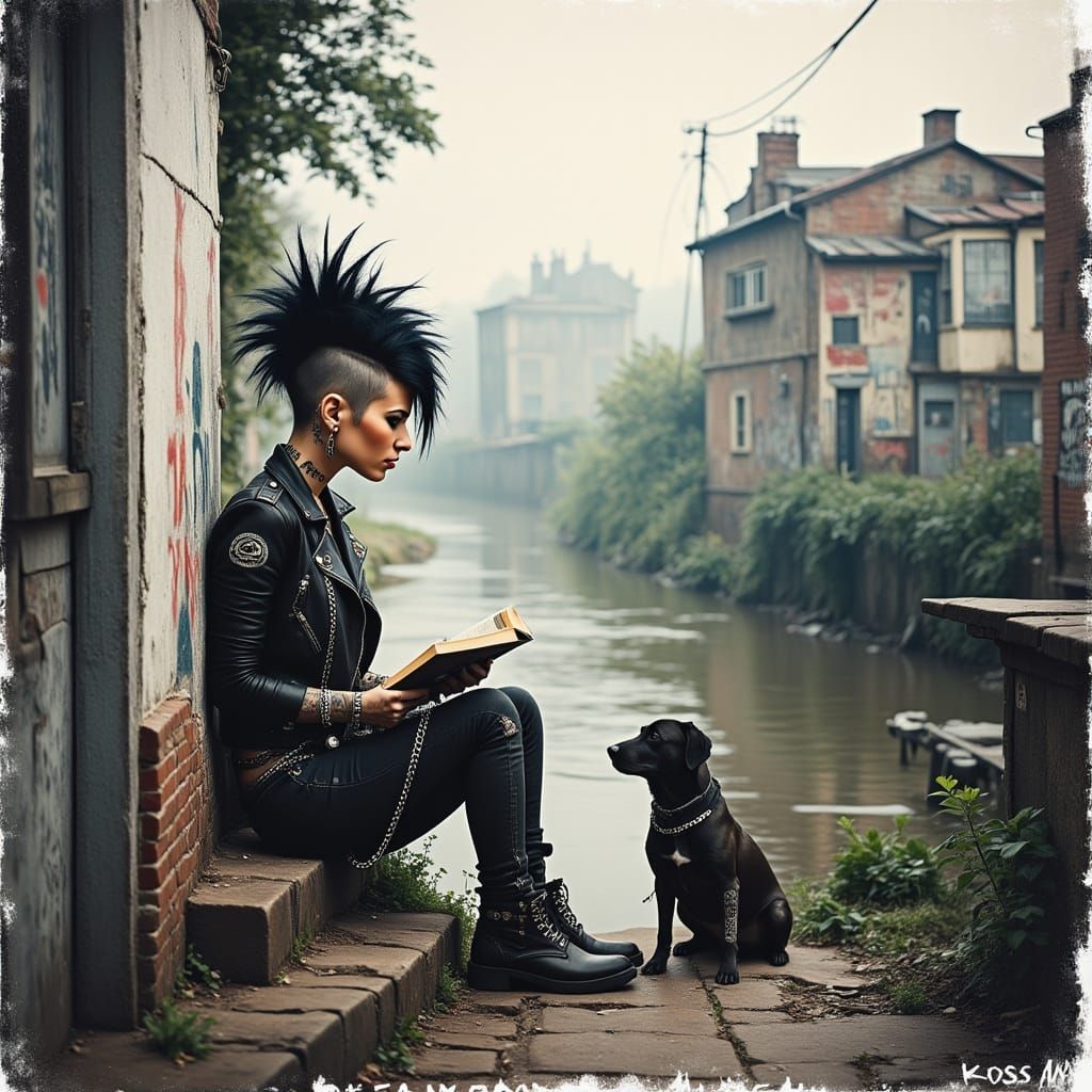 Woman Reading by River in Watercolor Punk Style