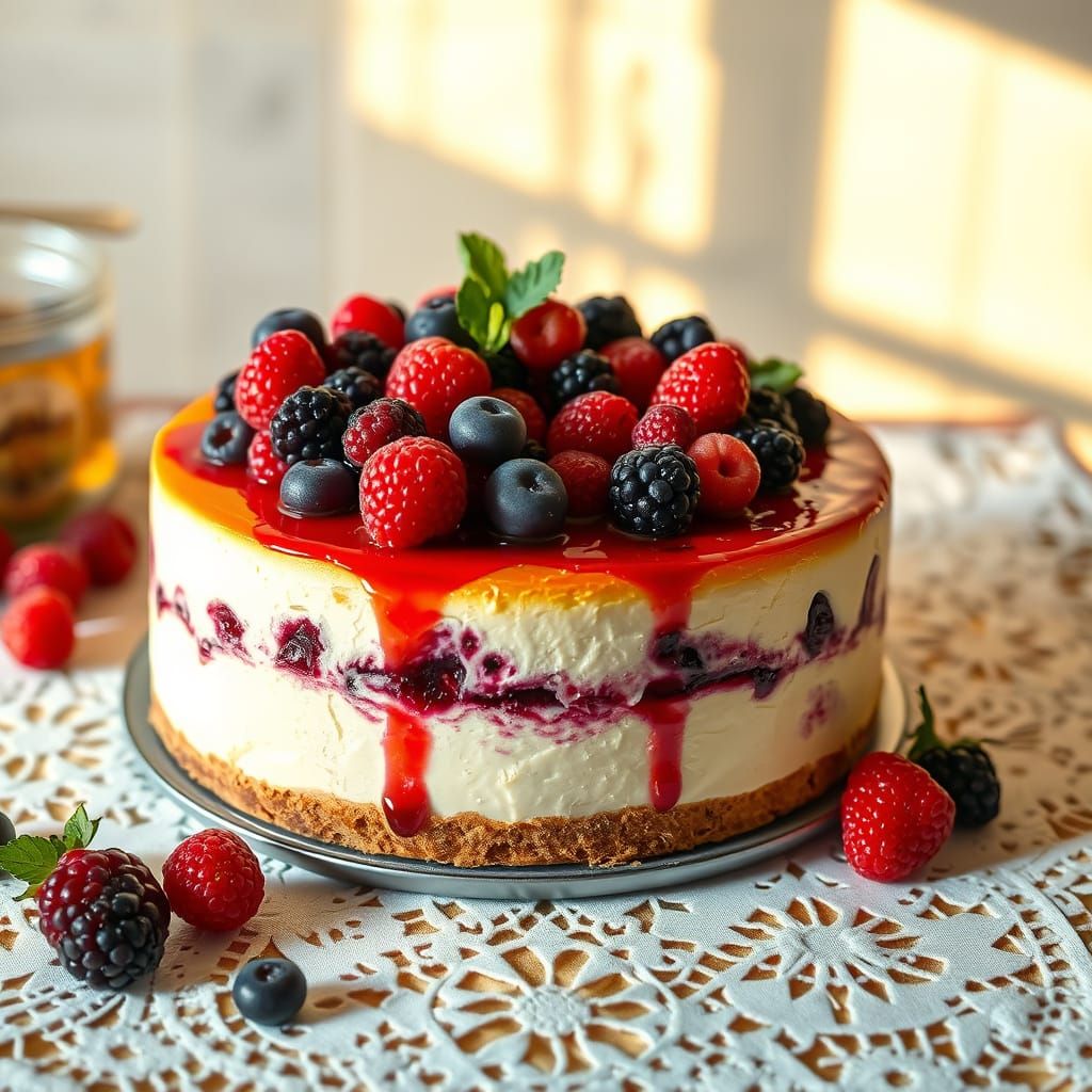 Decadent Berry Cheesecake in Warm Bakery Light