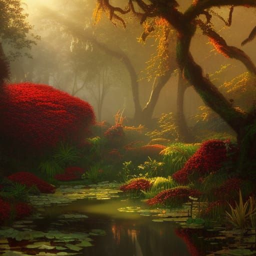 Crimson Flower Bog Garden in Victorian Style