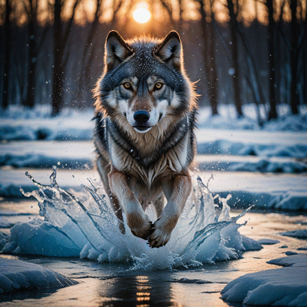 Wolf in Mid-Jump Over Frozen River at Sunset