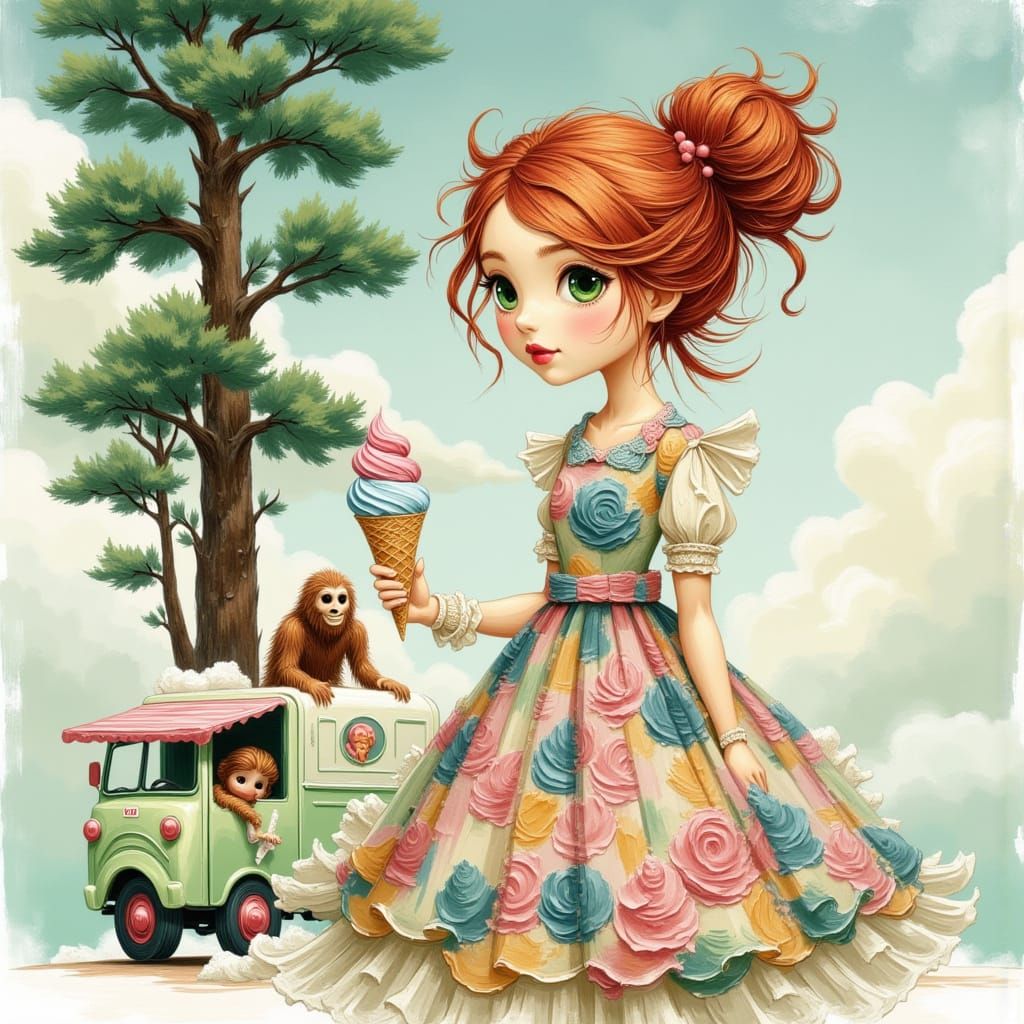 Redhead Woman Enjoys Ice Cream with Sasquatch