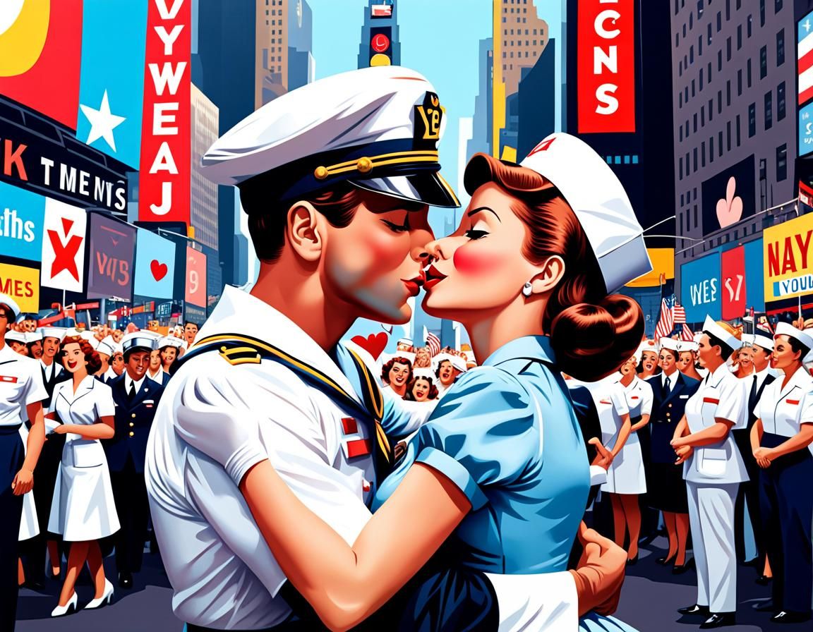 Vintage Illustration of V-J Day Kiss in Times Square