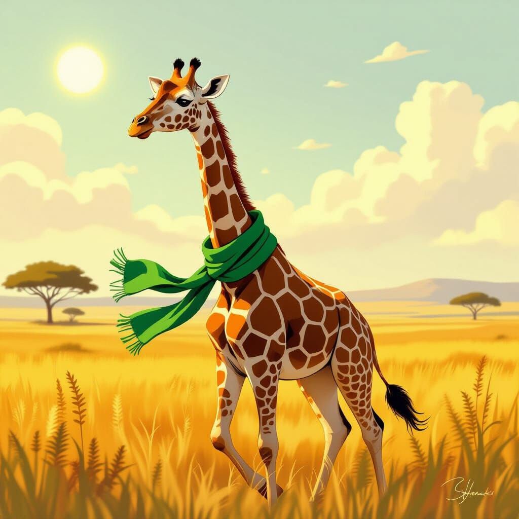 Giraffe in Green Scarf on Sunny Savannah