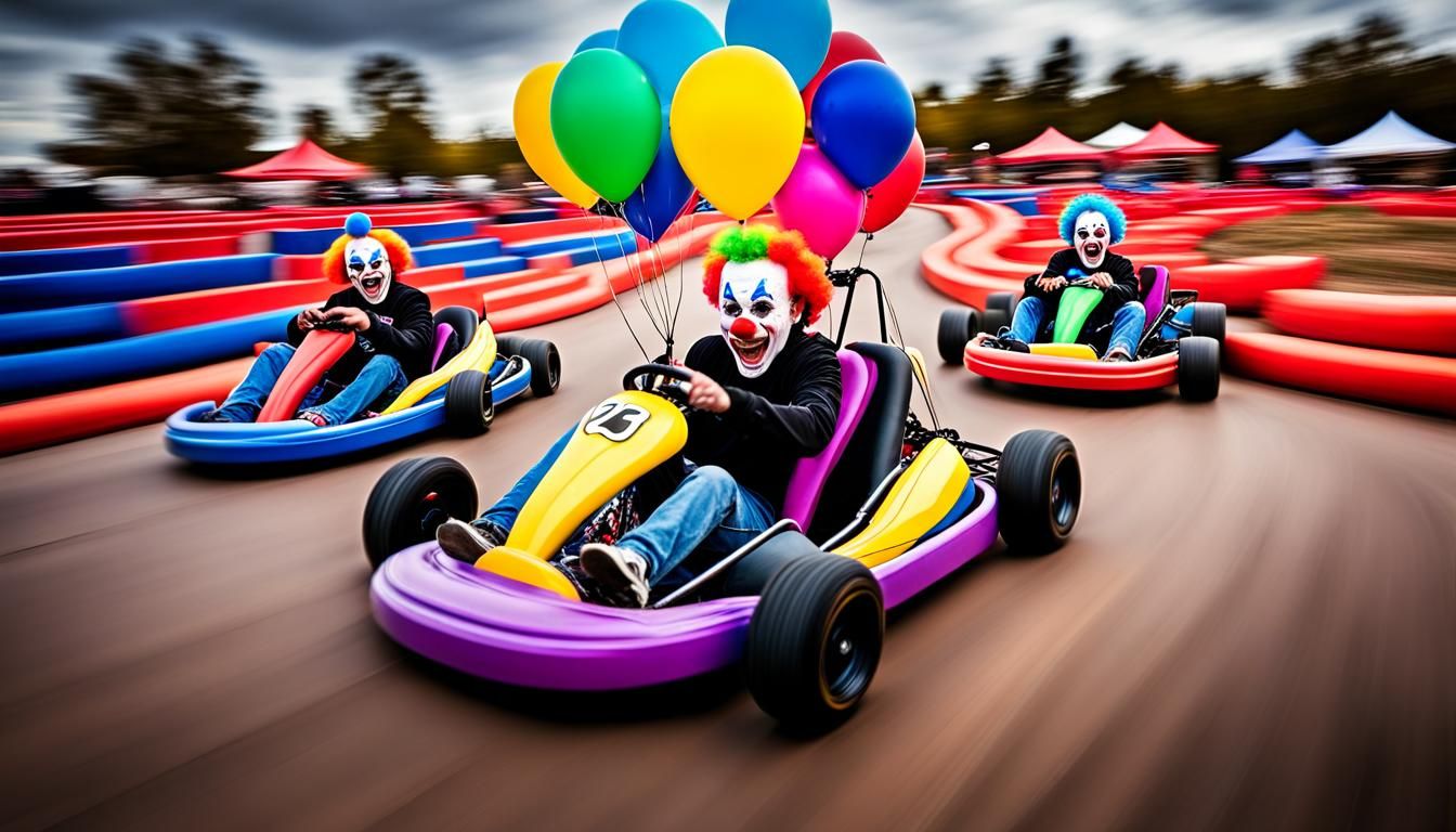 Go-Kart Race: Teens, Clown, and Vivid Colors
