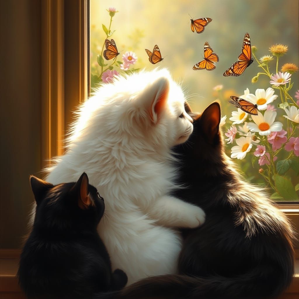 Cuddling Furry Friends Bask in Sunlit Garden Paradise
