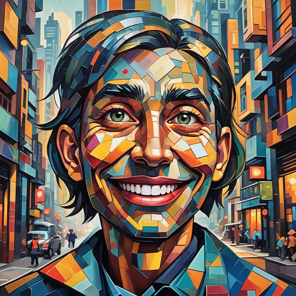 Smiling Emoji in City: Cubist Art Deco Painting