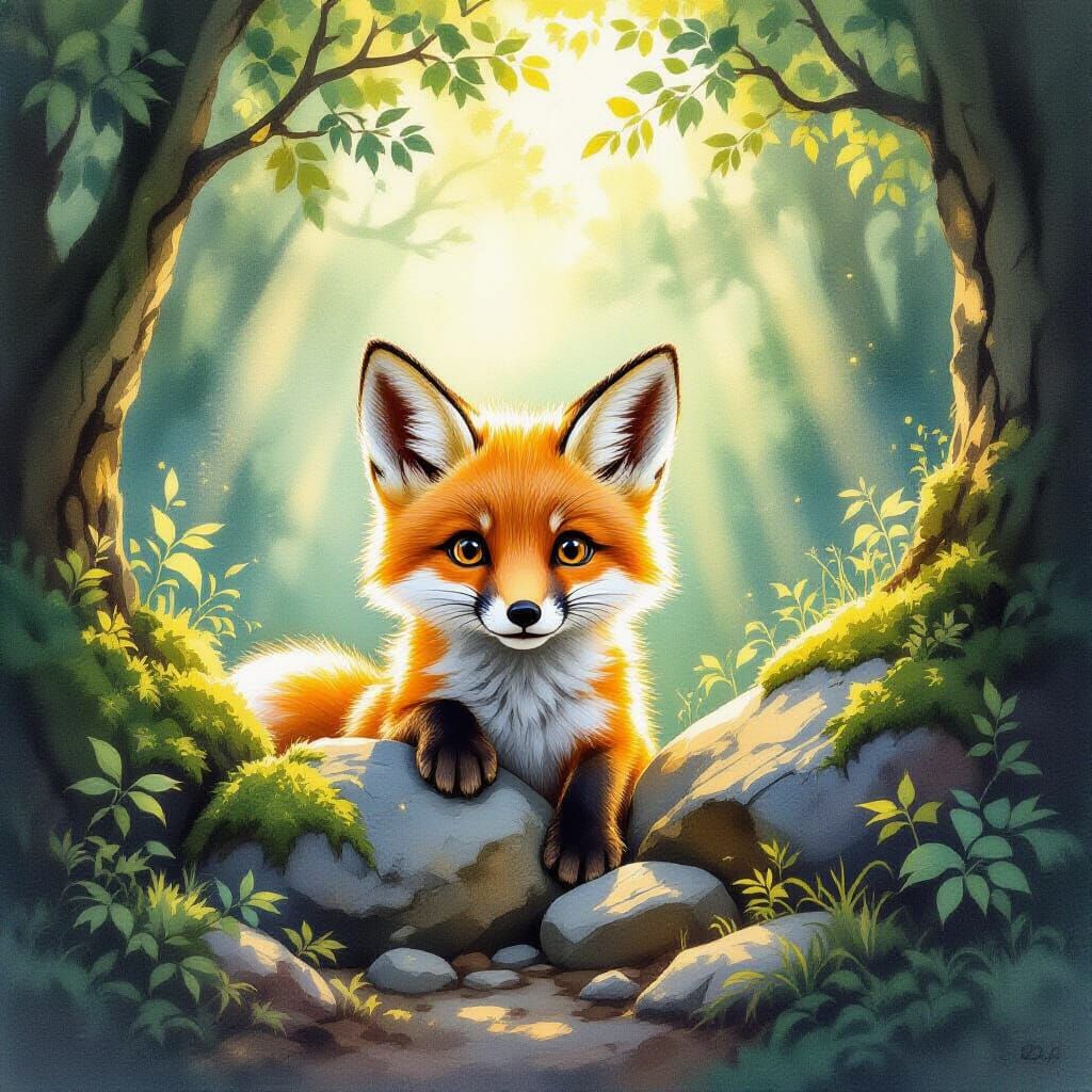 Curious Fox Puppy in Enchanted Forest Watercolor