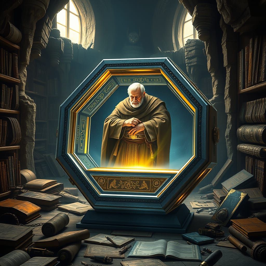 Ancient Jedi Holocron in Abandoned Archive, Glowing with Eth...