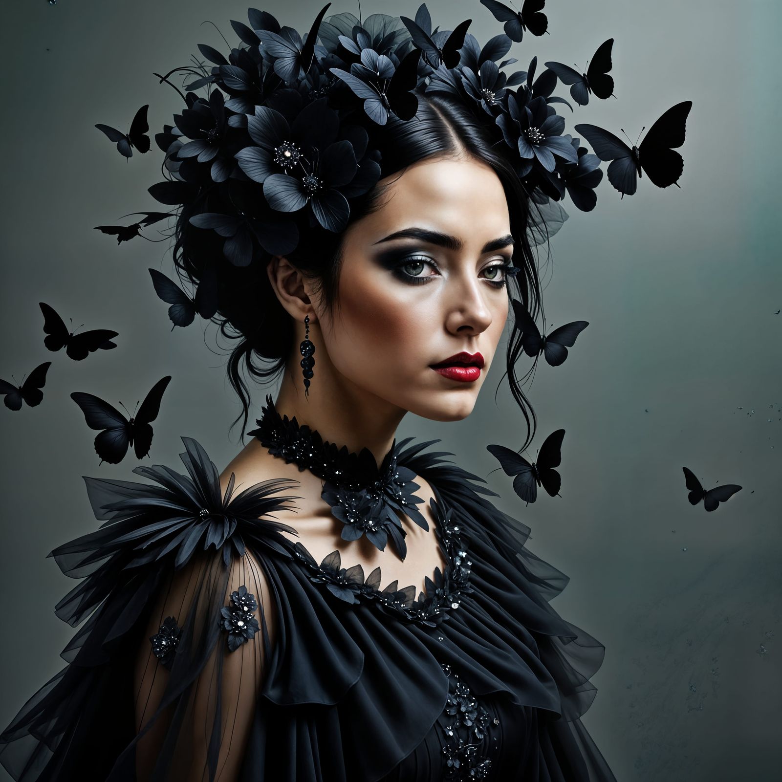 Woman in Black Veil with Butterflies