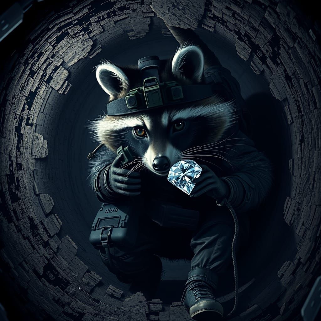 Tactical Raccoon Steals Diamond in Dark Air Shaft