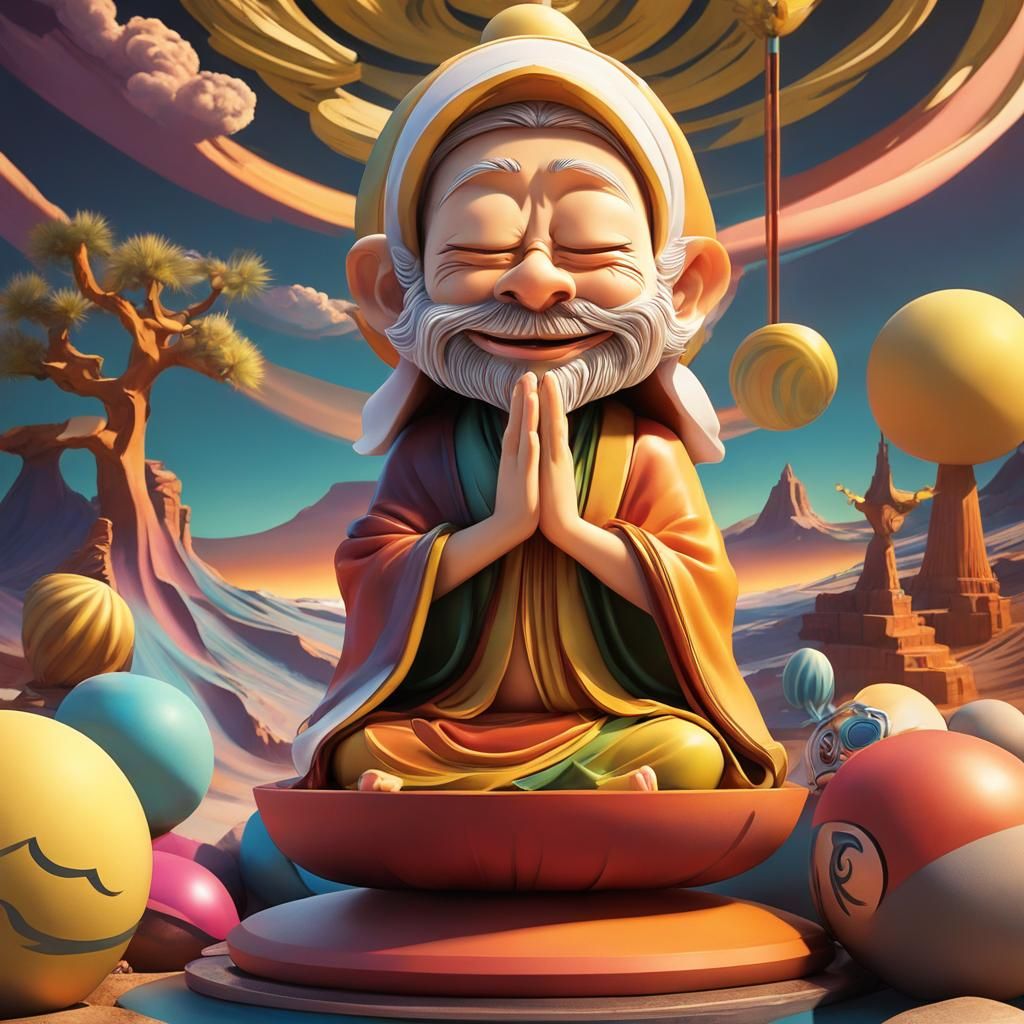 Whimsical Monk Caricature in Maximalist Style