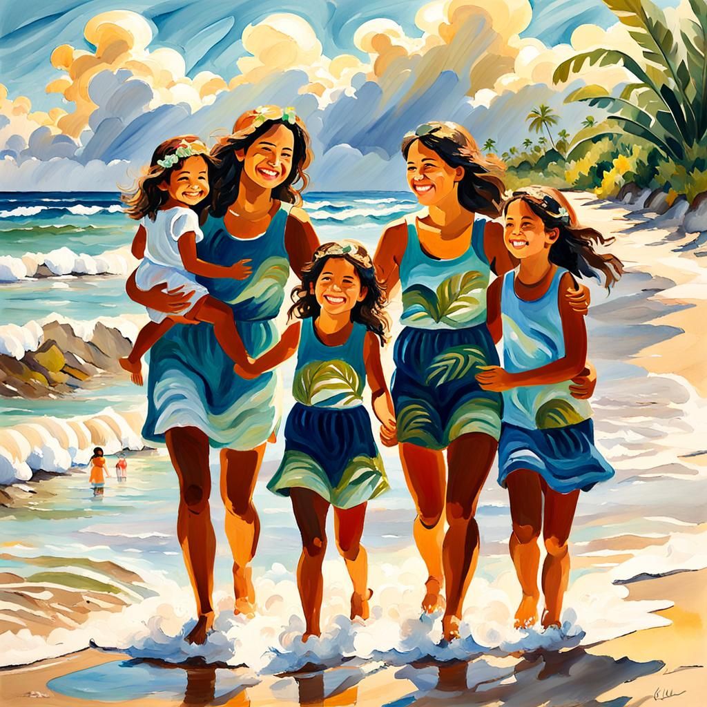 Impressionist Gouache: Mother and Daughters on Beach