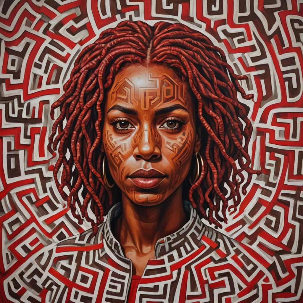 Woman with Red Locs in Maze Art Style