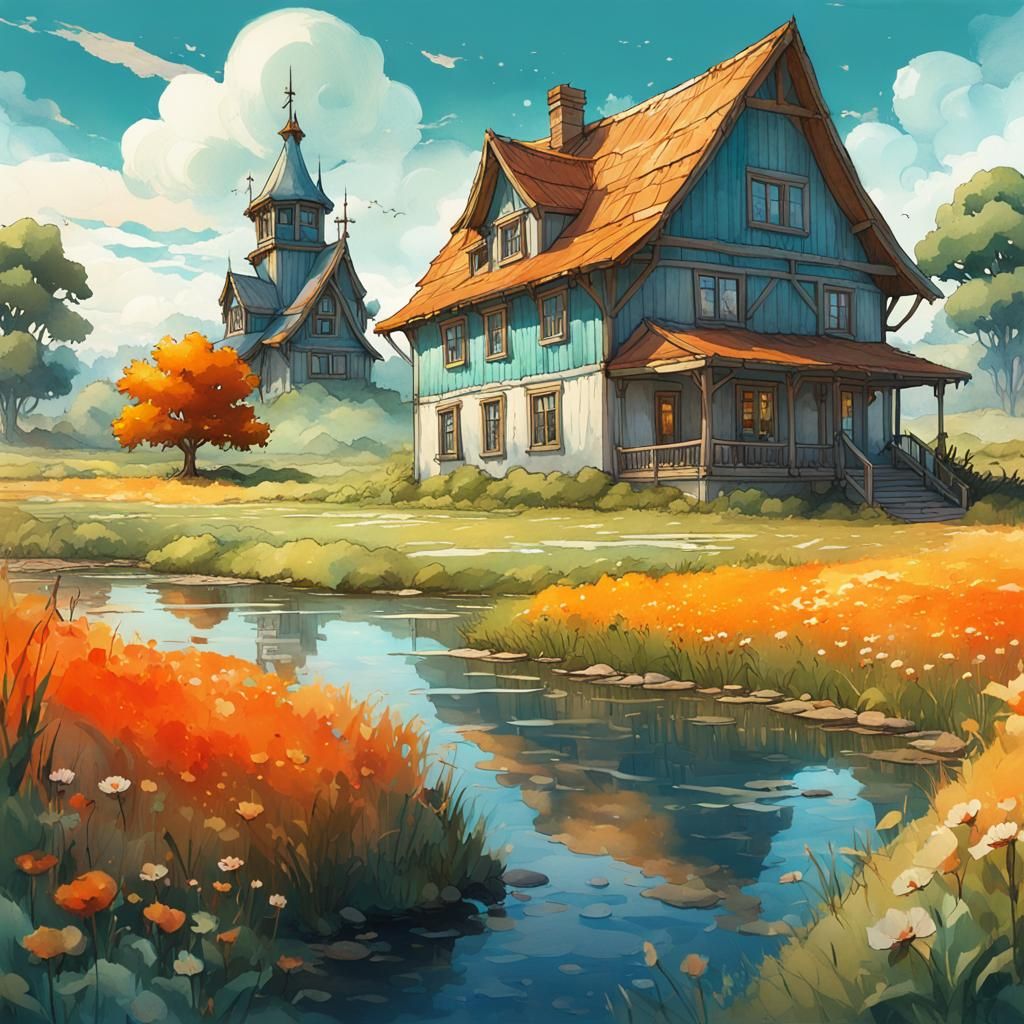 Cottage in Wild Field, Watercolor Art Journal Style