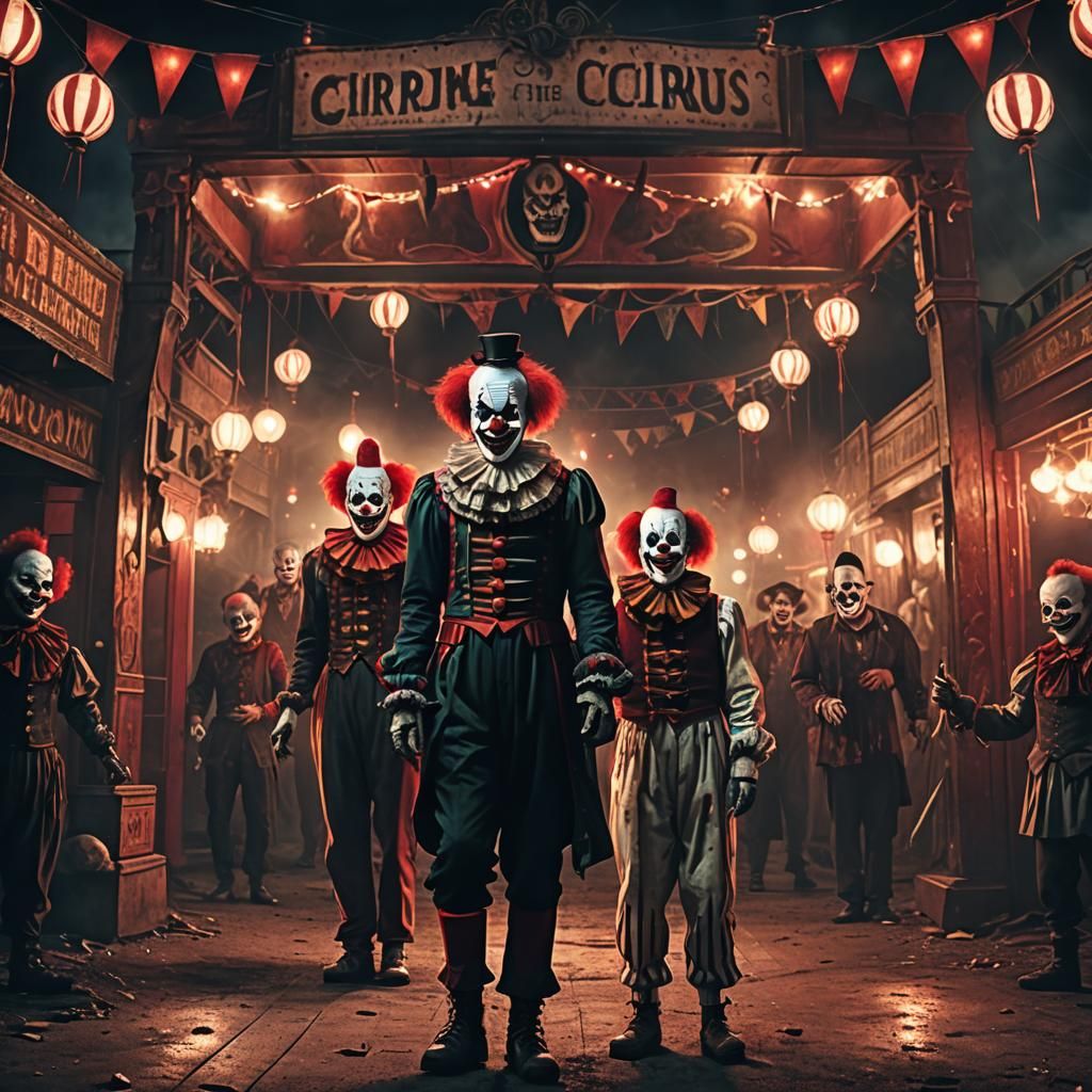 Creepy Clowns at Haunted Circus Entrance