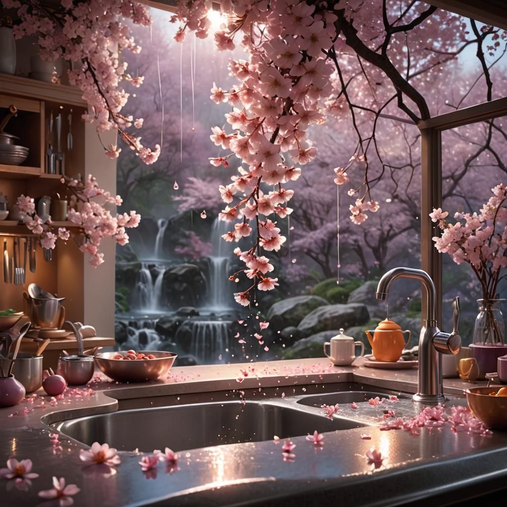 Surreal Kitchen Waterfall with Cherry Blossoms in 3D