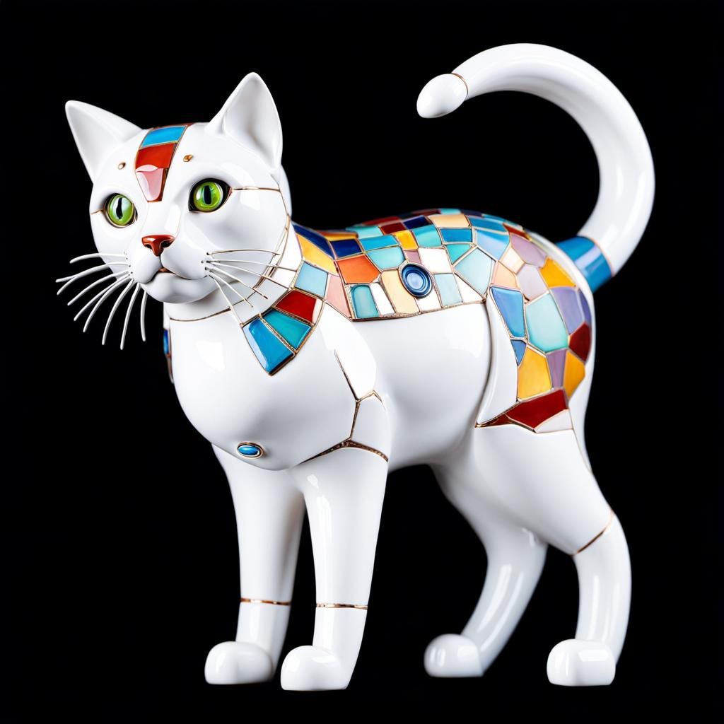 Colorful Robotic Cat Ceramic Sculpture