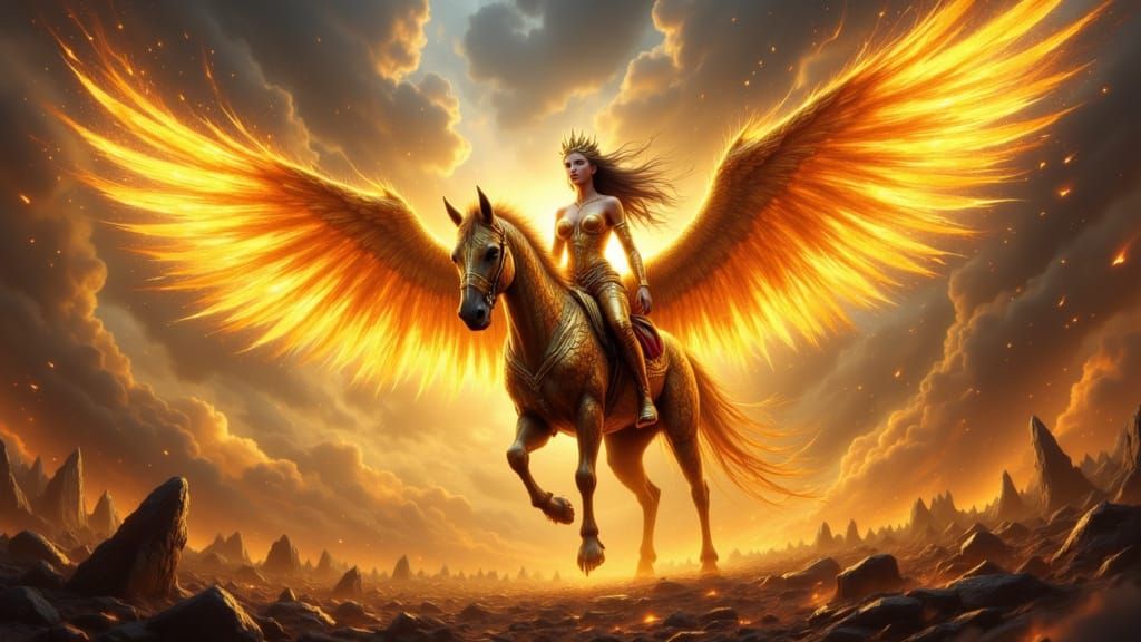 Goddess of War on Phoenix in Impasto Style