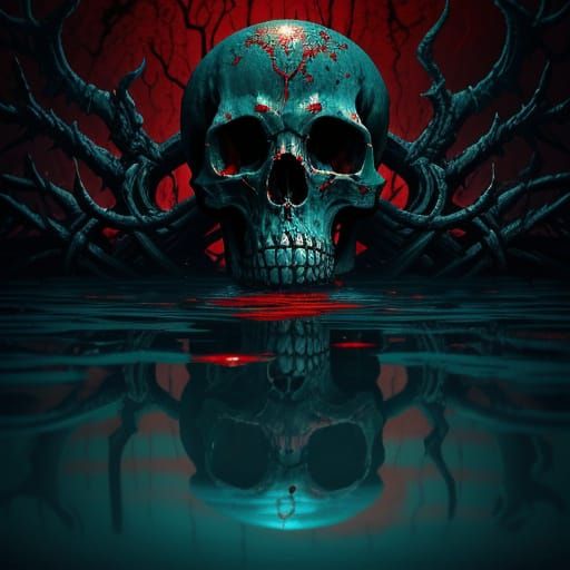 Macabre Skulls and Skeletons Dripping Ruby Tears into Teal W...