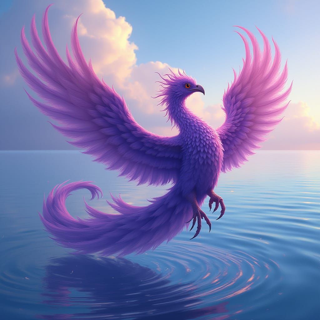 Purple Phoenix Soaring Over Calm Ocean in Dreamy Style