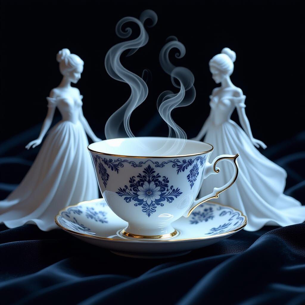 Ethereal 3D Teacup with Feminine Steam Figures