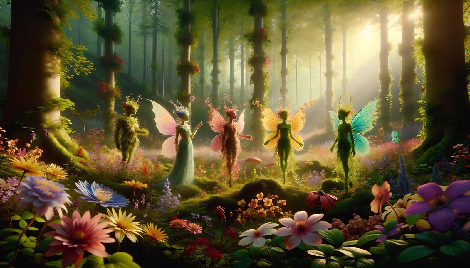 Enchanting Forest Scene with Fey Petal Creatures