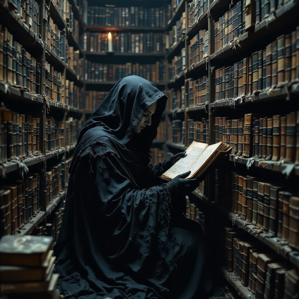A librarian, in the dim light of a vast, forgotten library, ...
