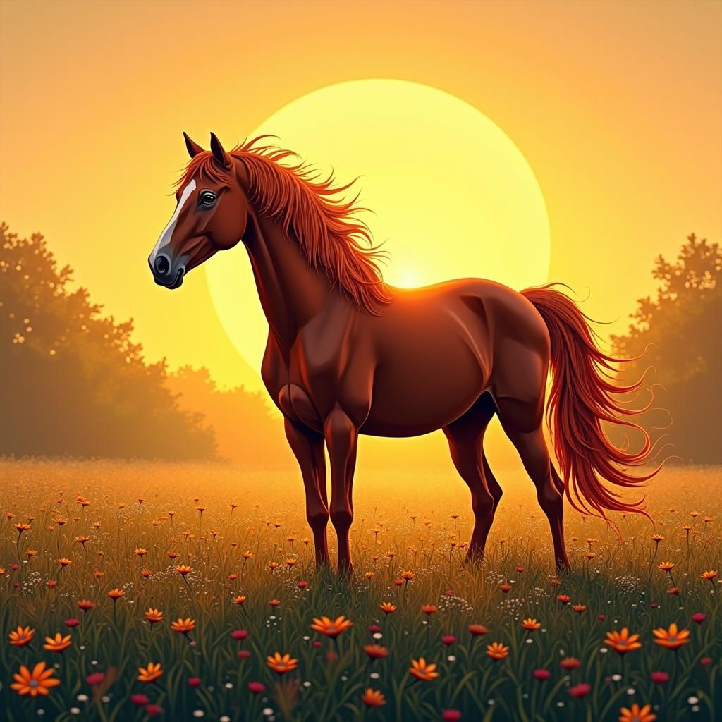 Horse Silhouetted in Meadow: Abstract Vector Art