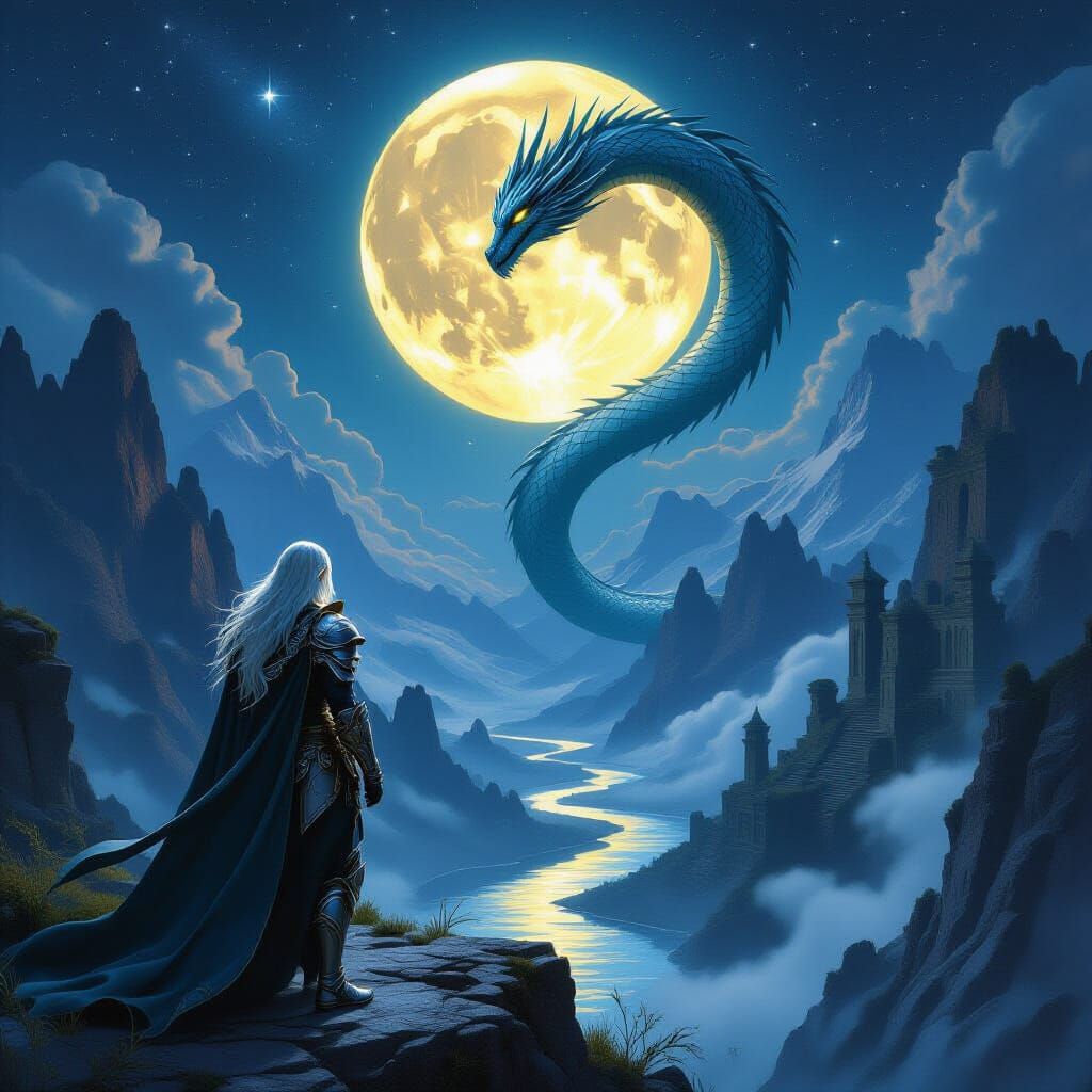 Elven Warrior and Celestial Dragon at Moonrise