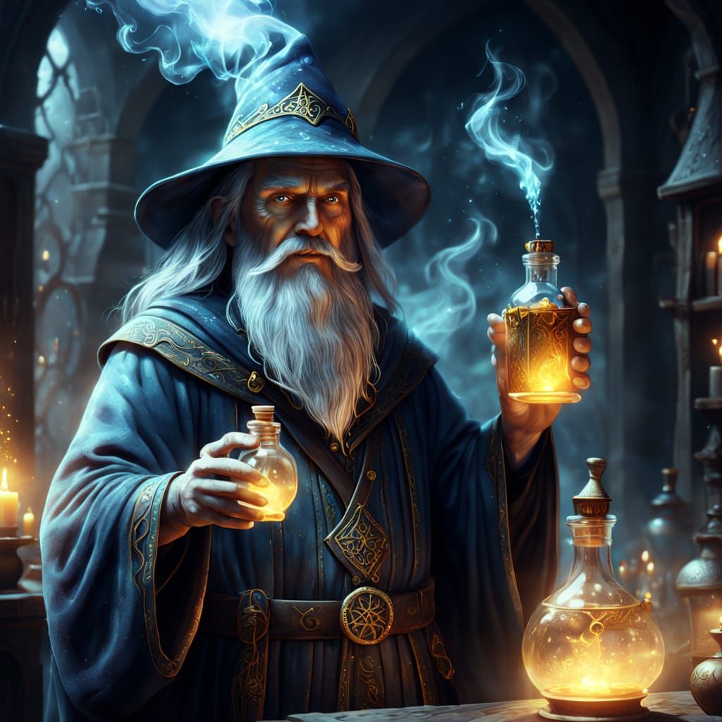 Enchanted Wizard Holds Mystical Potion Bottle
