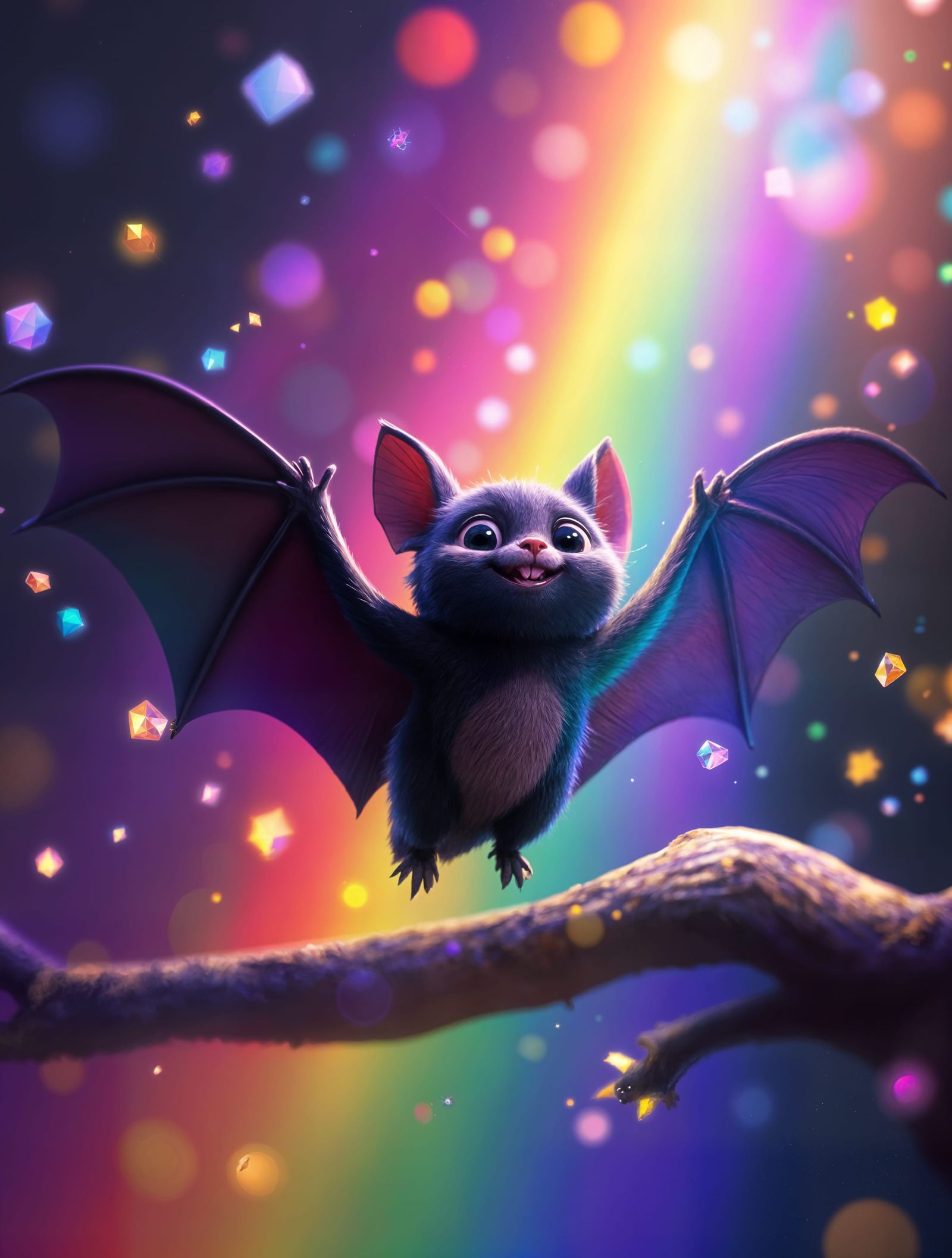 Happy Bat in Rainbow Light: Pixar-Style 3D Render