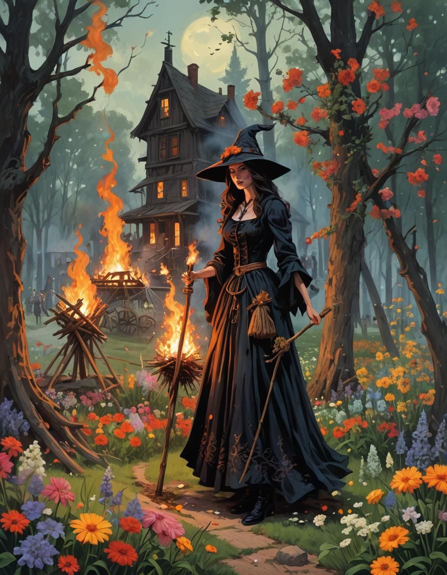 Witch by Bonfire with Maypole and Summer Flowers