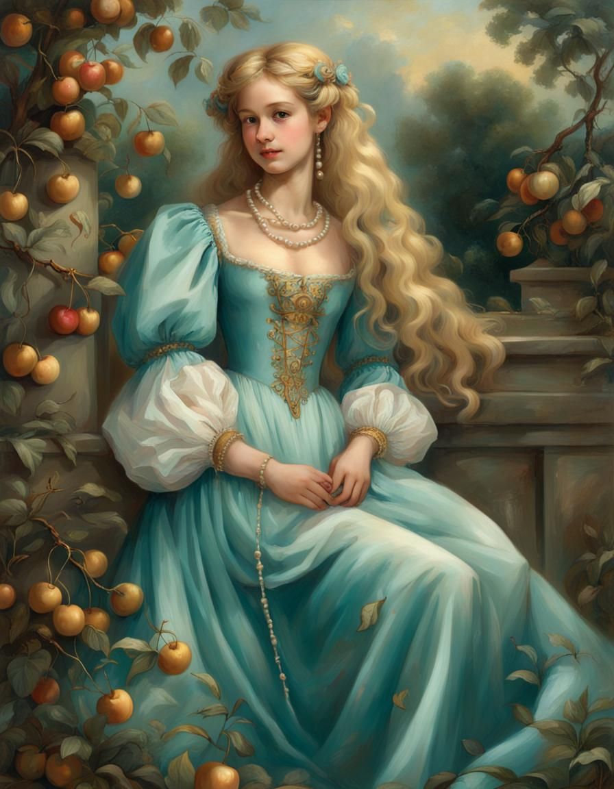 Renaissance Girl with Golden Hair in Cherry Garden