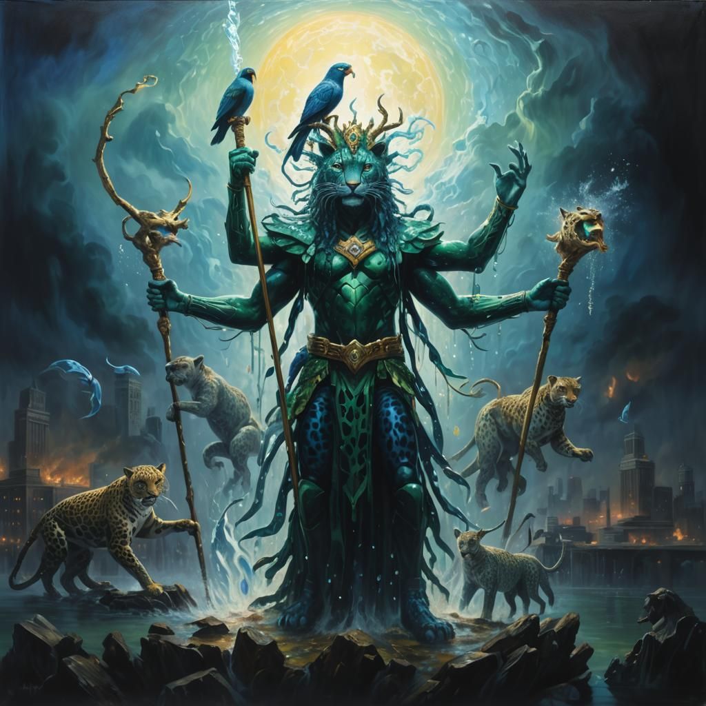 Blue Leopard Shaman in Flooded City, Surreal Art