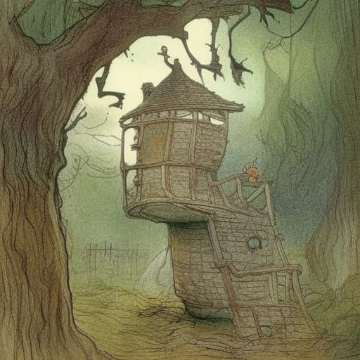 Haunted Treehouse in Classic Children's Book Style
