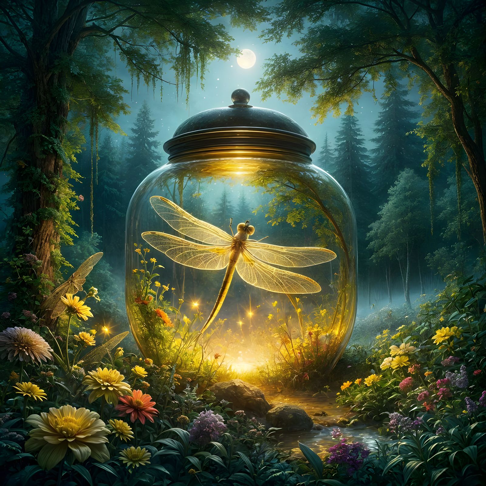 Glowing Dragonfly in Glass Jar, Ethereal Forest Scene